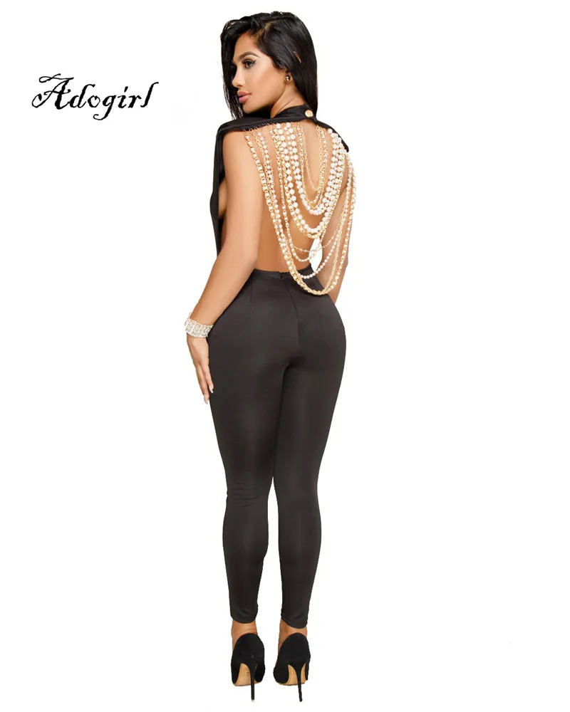 Adogirl 2018 Spring Sexy Back Pearl Chain Women Jumpsuit Black-3