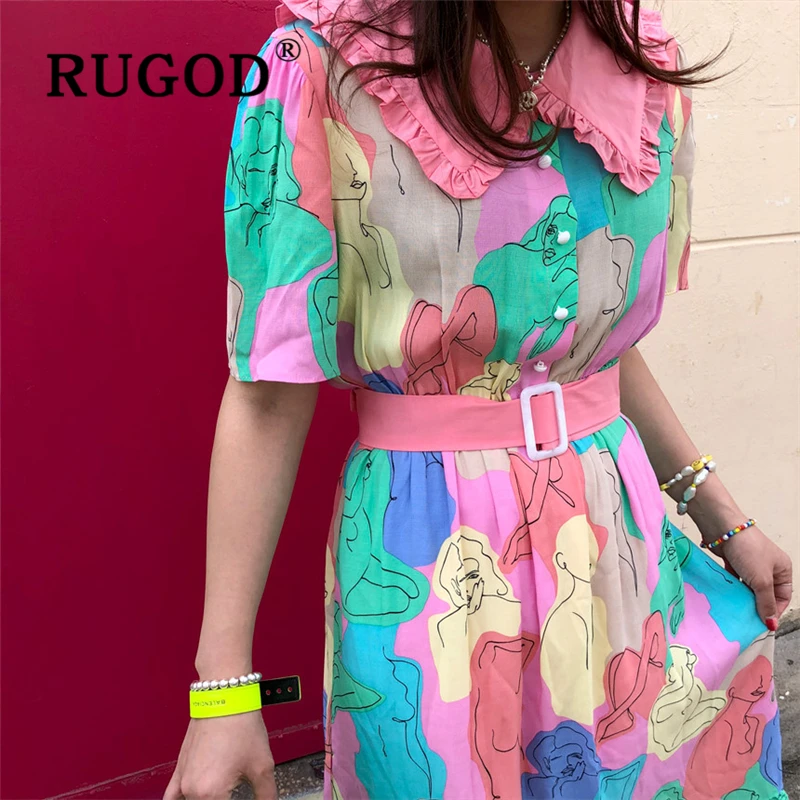 RUGOD Korean chici geometric printed women dress Elegant peter pan collar sweet ladies party dressss vestido Fashion pink dress