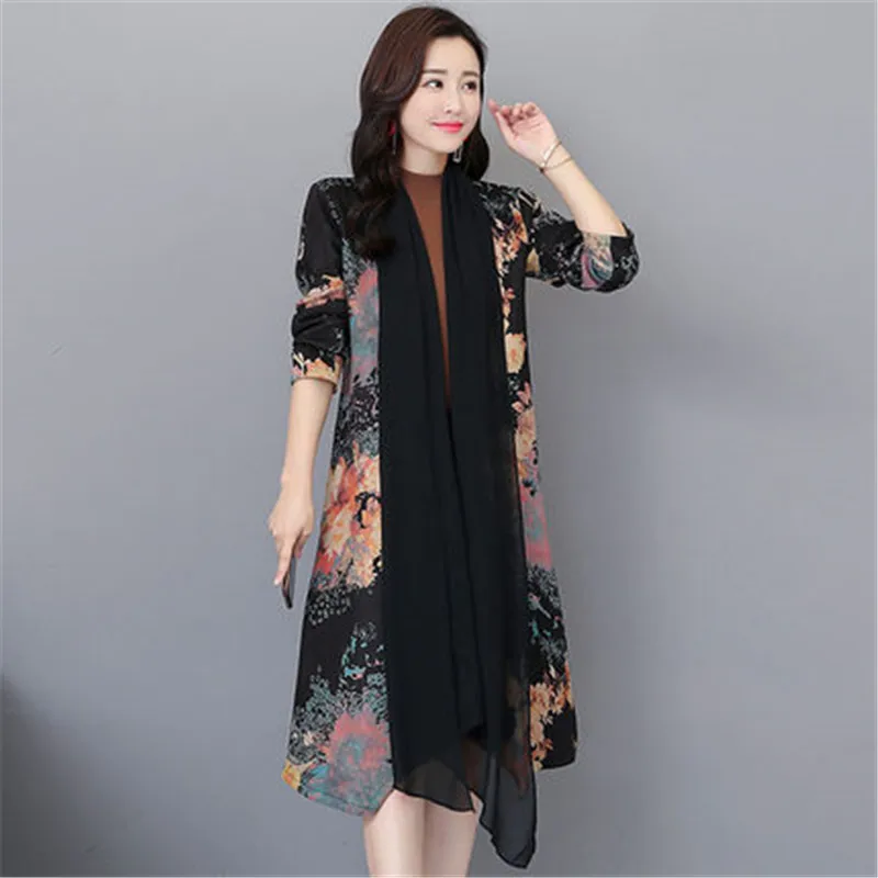 

2019 New Spring Summer Korean Printing Fashion temperament Chiffon Trench Coats for Women Sun protection clothing X492