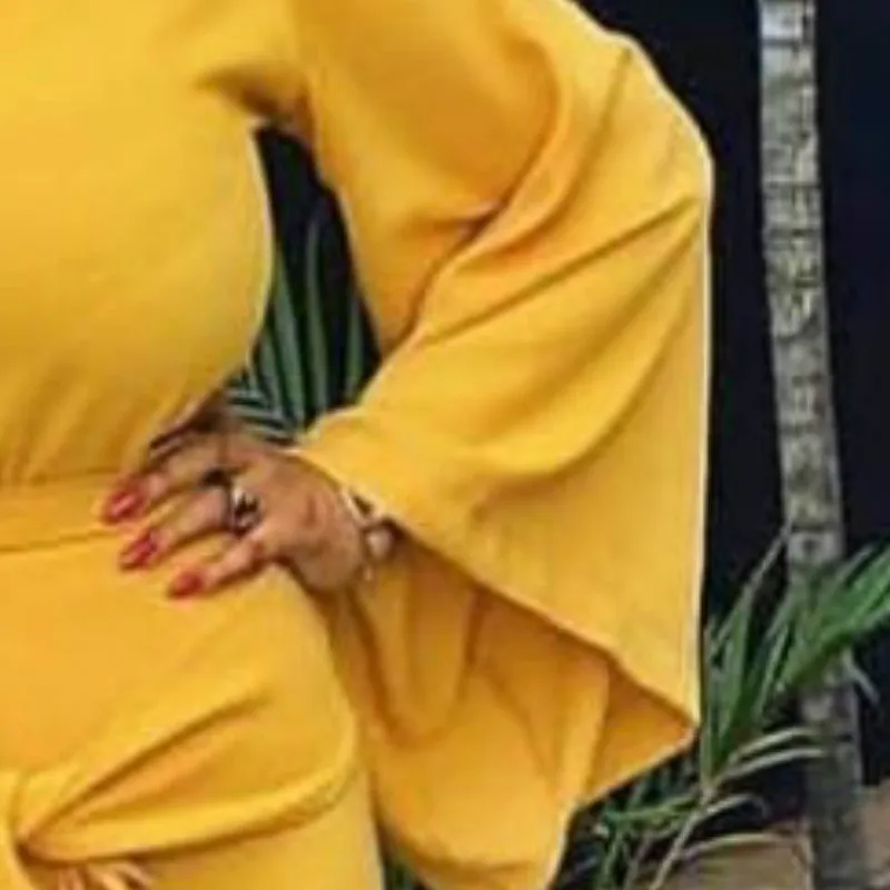 Платье с расклешенными рукавами в африканском стиле для женщин, повседневные хлопковые облегающие желтые платья с разрезом и поясом, эластичные женские туники размера плюс 2XL
