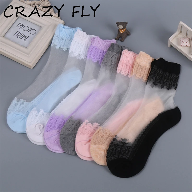 

CRAZY FLY New 2019 Women Bottom Soft Silk Mesh Transparent Socks Ultrathin Elastic Crystal Ankle Socks Funny Sox Summer Hot