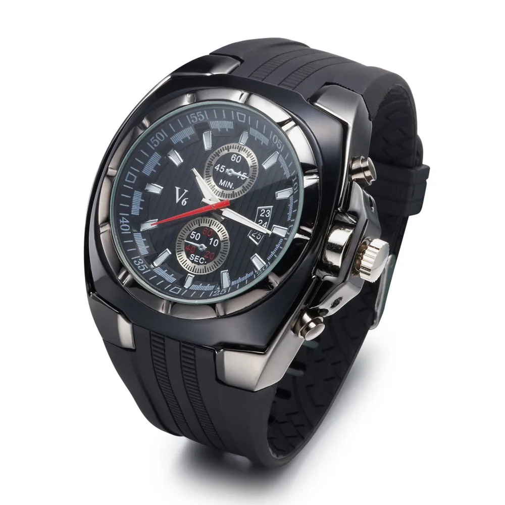 Горячие V6 часы большой круглый циферблат черный аналоговые кварцевые Дизайн Для мужчин спортивные часы мужской спортивные наручные часы 3