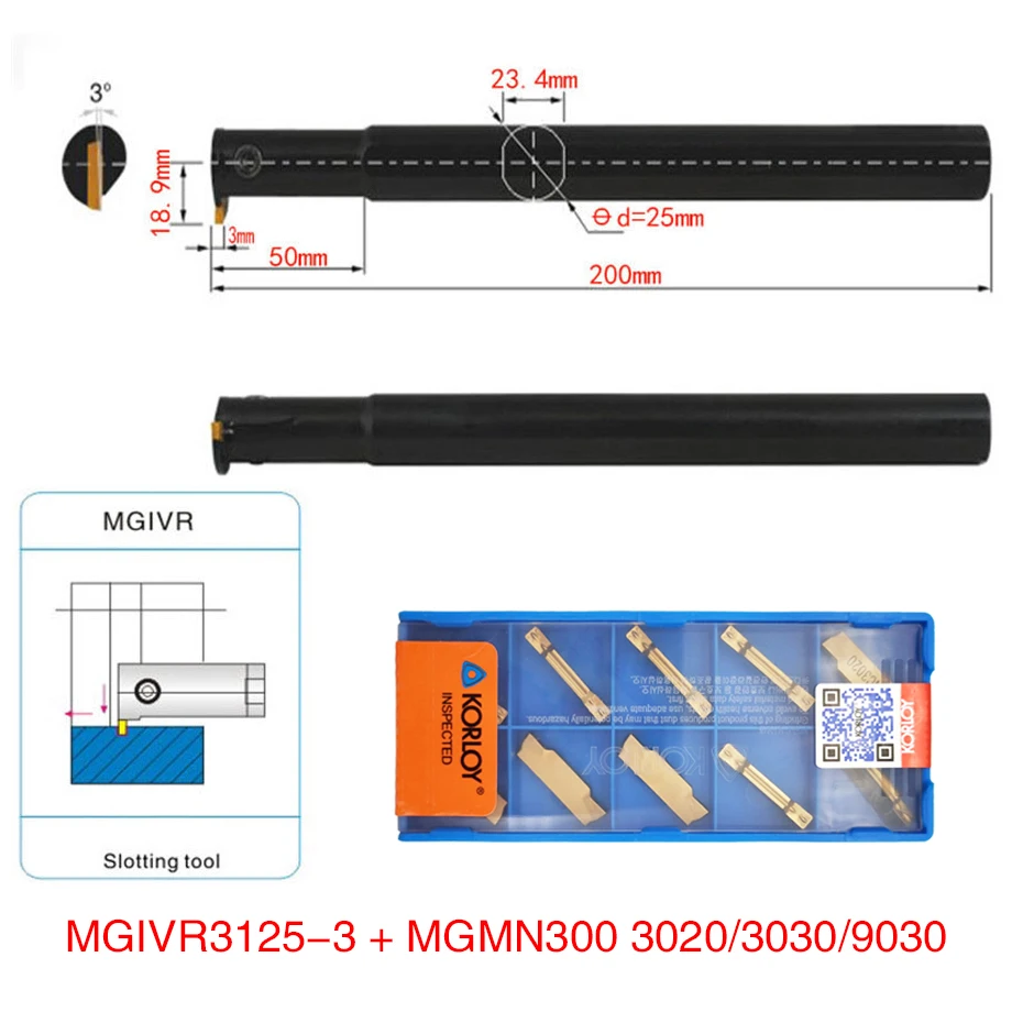 

1pc MGIVR3125-3 MGIVL3125-3 tool holder and 10pcs MGMN300 M NC3020/NC3030/PC9030 NC3030inserts grooving turning tool holder set