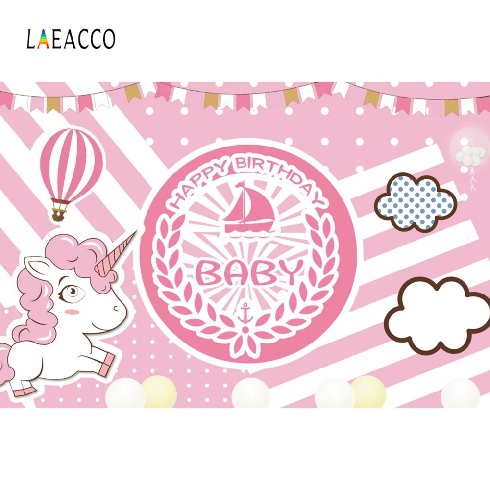 

Laeacco Unicorn Balloons Baby Birthday Backdrop Pink Screen Photo Backgrounds photography backdrops Professional Customize