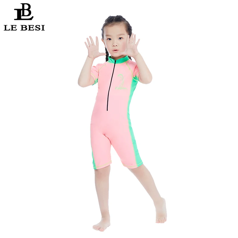 

LEBESI 2018 New Arrival Children One Piece Swimsuit Plus Size Girls Bodysuit Professional Bathing suit With Sleeve Pink Color