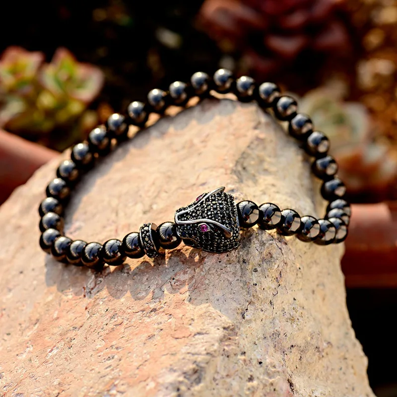 2019 Trendy Men Elastic Bracelets White Micro Pave CZ Leopard Charm &amp Bangles Male Beads Jewelry Gift ABL045 | Украшения и