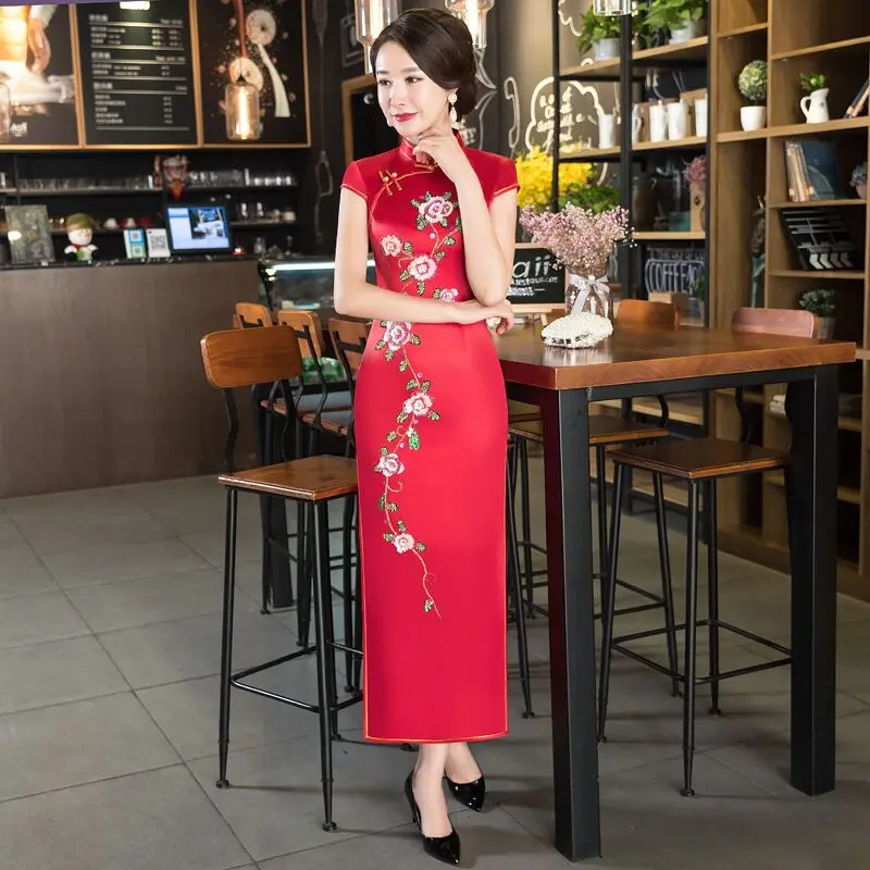 Новое поступление Китайская вышивка долго Cheongsam модные женские туфли район платье тонкий Qipao Vestido Размеры размеры s m l xl XXL, XXXL 4XL 27516A