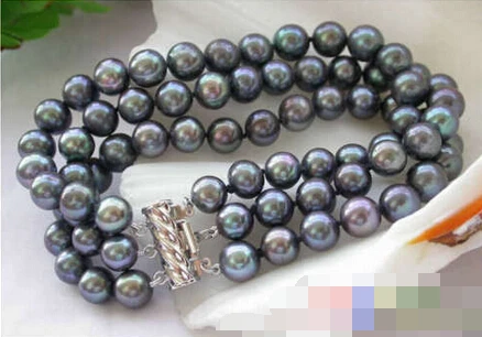 

free shipping 01130 3ROW BLACK ROUND FRESHWATER CULTURED PEARL BRACELET
