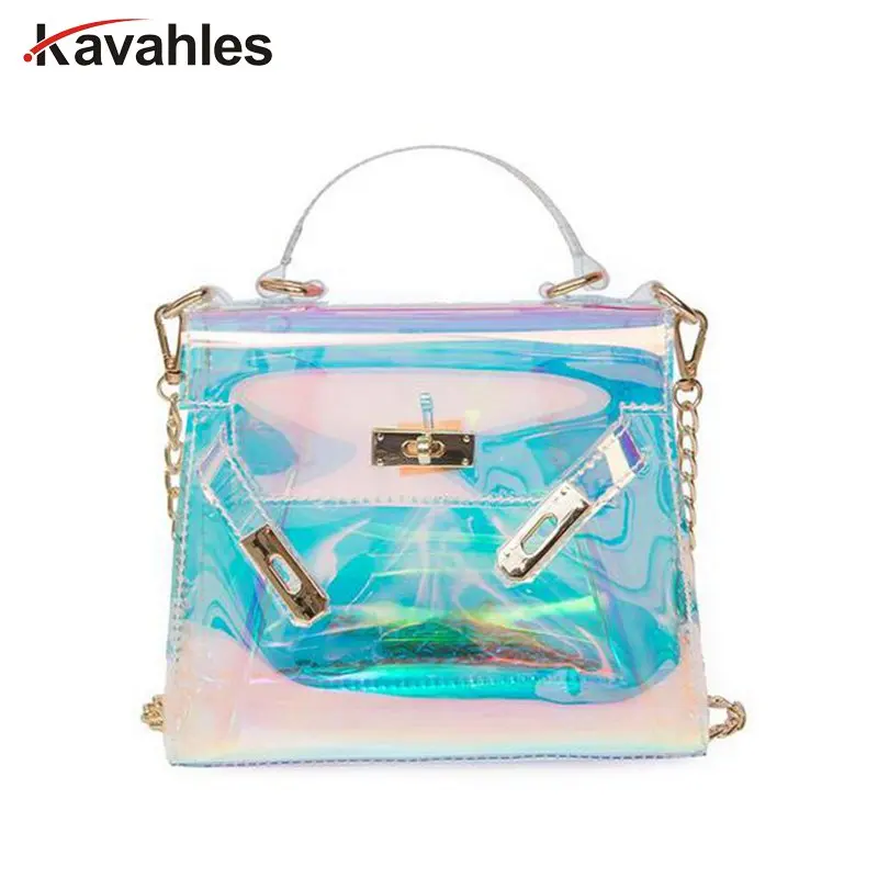 Women Plastic Messenger Handbag Transparent Laser Handbag Clutch Shoulder Crossbody Bag Chain Bag Clear Bag Evening Purse PP-877