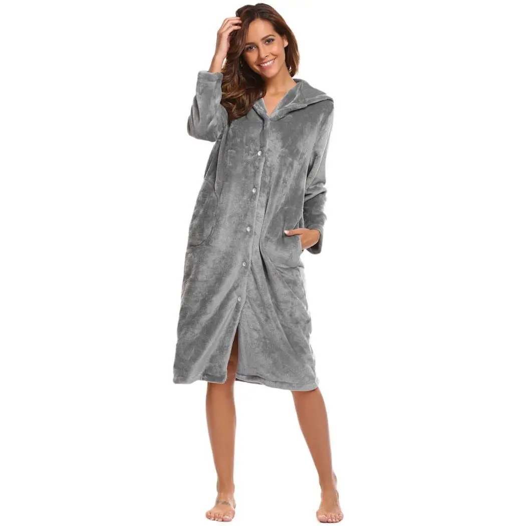 Ekouaer женский длинный спальный халат с капюшоном, пижама с длинным рукавом, мягкий плюшевый халат, домашняя одежда, женская мягкая Домашняя одежда, осень-зима - Цвет: Gray