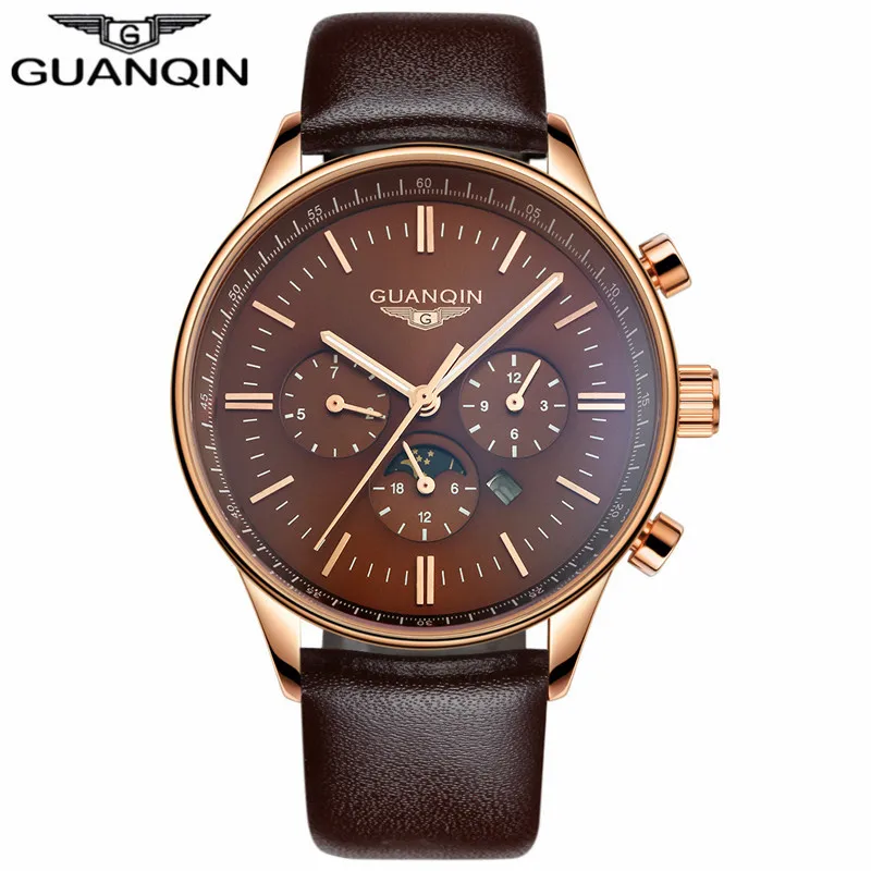 Мужские часы GUANQIN от ведущего бренда, роскошные часы с хронографом, военные кварцевые часы, мужские спортивные наручные часы с кожаным ремешком - Цвет: Brown Gold Brown
