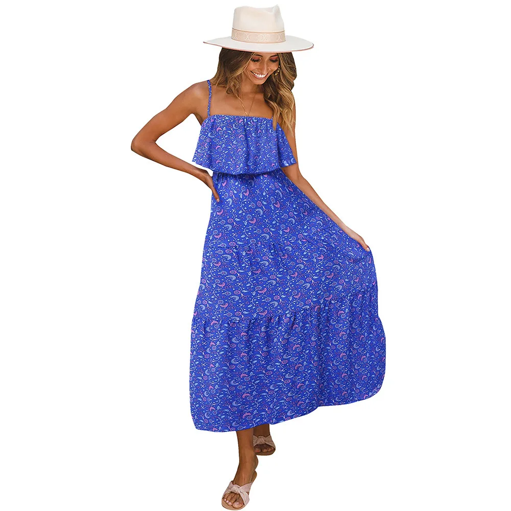 

Summer Sleeveless Bohemian Dress Women Spaghetti Strap Backless Sun Beach Holiday Dress