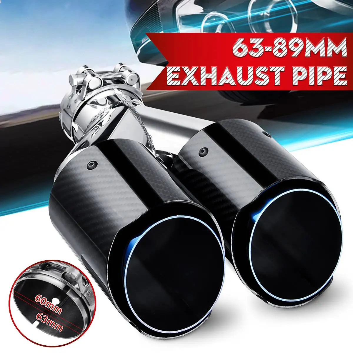 

Universal 63mm - 89mm Stainless Y Model Car Outlet Glossy Carbon Fiber Dual Exhaust Pipe Tail Muffler Tip