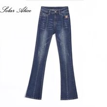 Новинка года, женские осенние длинные расклешенные джинсы со средней талией синие джинсовые штаны для девочек очень большие размеры 26-40