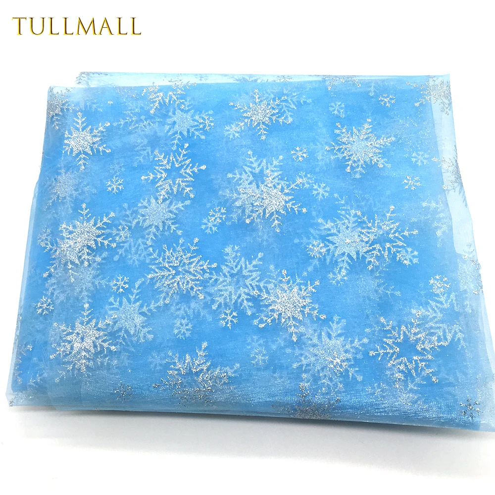 

TULLMALL 1.5m*1m Blue Slivery Snowflake Printed Tulle Fabric Princess Dress Decoration Fabric Party Carton Show Colth Fabric