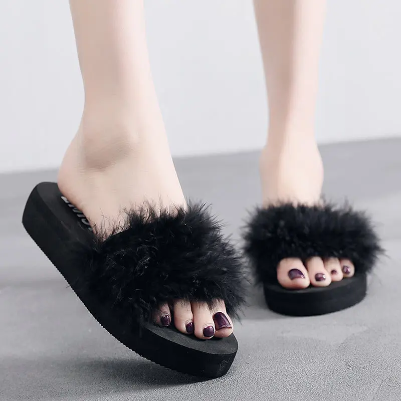 Women Home Slippers Fur Furry Slide Sweet Feather Flat Bottom Beach Shoes Fashion 2019 Female Hair Flip Flops Funny Home Sandals