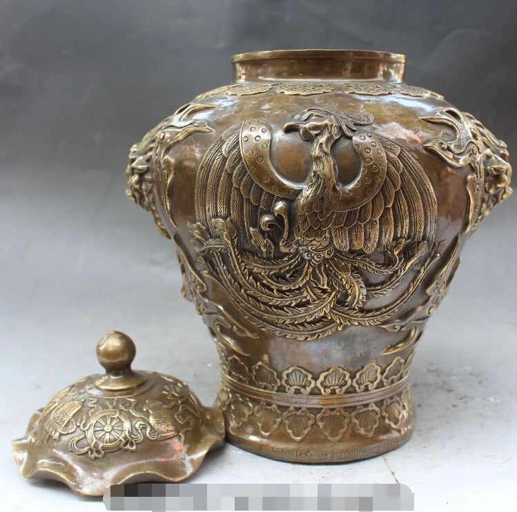 

S0184 12" Marked China Bronze Phoenix Foo Fu Dog Lion Bottle Pot Jar Statue Sculpture discount 30% (C0324)