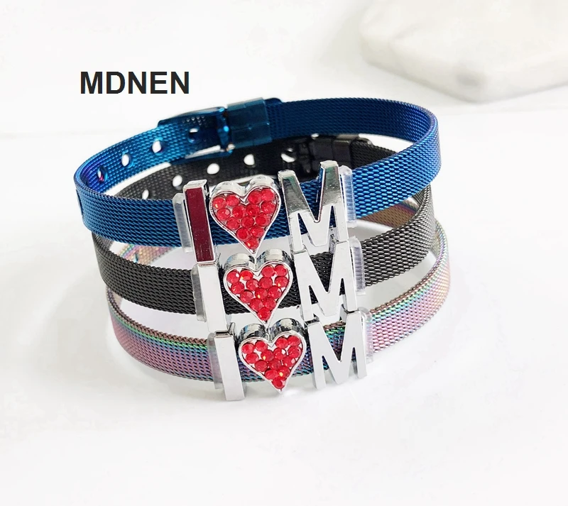 Сетчатый Браслет из нержавеющей стали с 3 шт. "I LOVE MOM", хрустальные подвески, браслеты-хранители, подарки для ювелирных изделий DIY