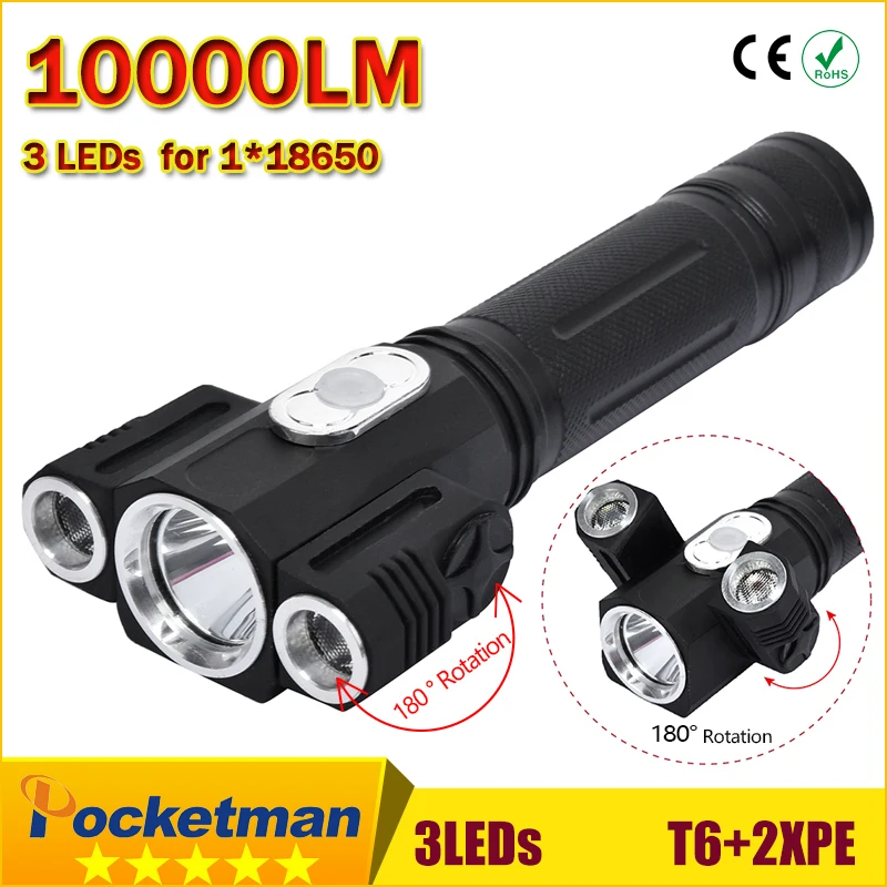 

LED flashlight 10000LM 180 degree rotating T6+2*XPE Camp Hunting Torch flashlight tail with magnet for 1*18650 z50