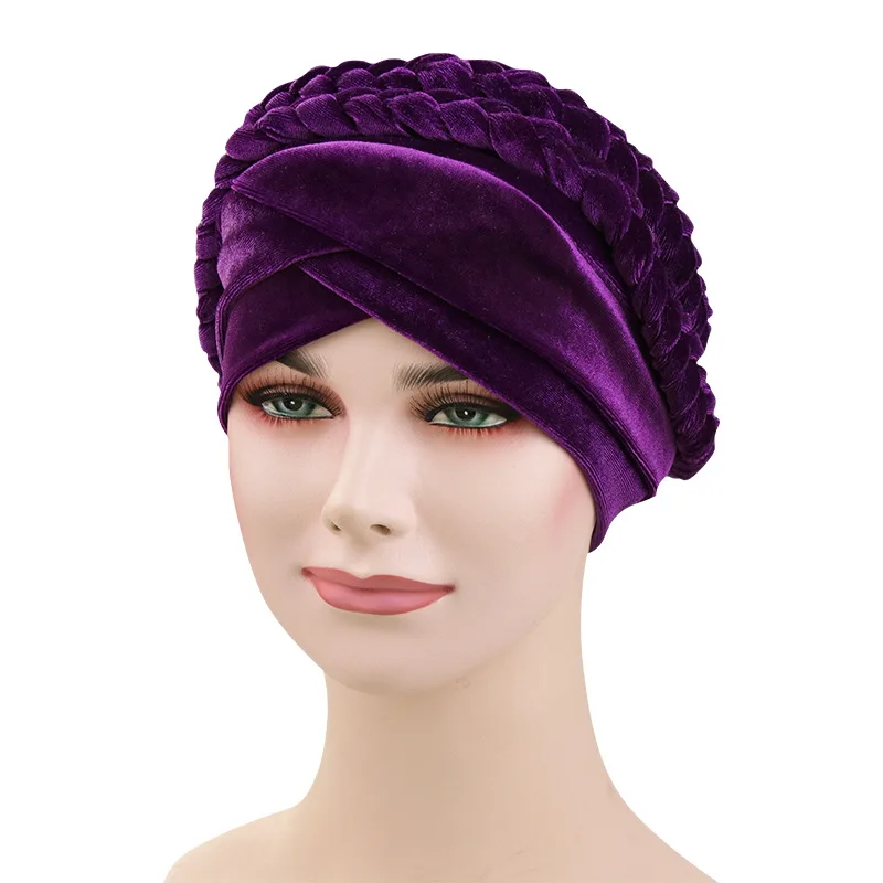 Мусульманская женская длинная коса конопляная бархатная тюрбан шляпа банаданская раковая шапочка при химиотерапии Кепка хиджаб головной убор аксессуары для волос - Цвет: Purple