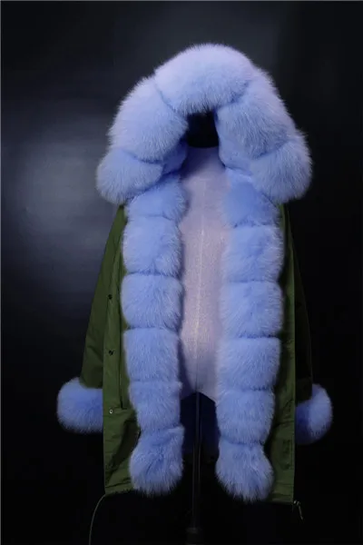 Green Coat sky fur MaoMaoKong Для женщин роскошный большой мех енота воротник манжеты пальто с капюшоном съемная меховая парка на меху верхняя одежда Длинная зимняя куртка - Цвет: Green Coat sky fur