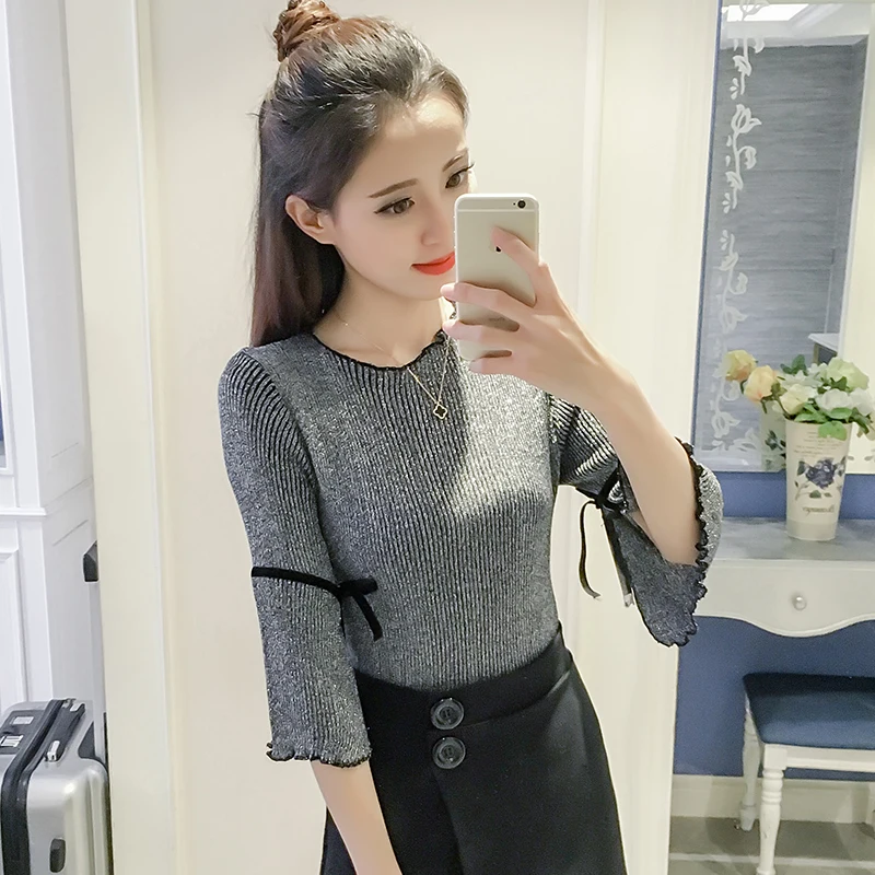 

2019 Spring and Summer New Women Korean Version of the Round Neck Sweater Women's Winter Seven-point Sleeves Slim Knit Bottoming
