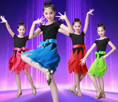 

Songyuexia new Children's tassels Latin Dance Dress Children's Latin Skirt sleeveless latin dancewear for kid