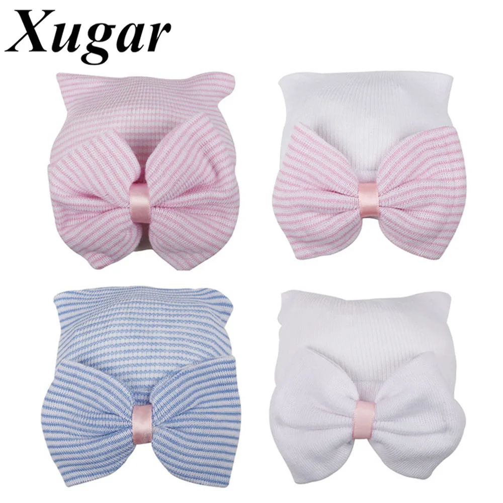 

Winter Knitting Hair Bow Baby Beanies Crochet Striped Toddler Caps Elastic Warm Newborn Hats for Kids 5 Colors Accessoreis