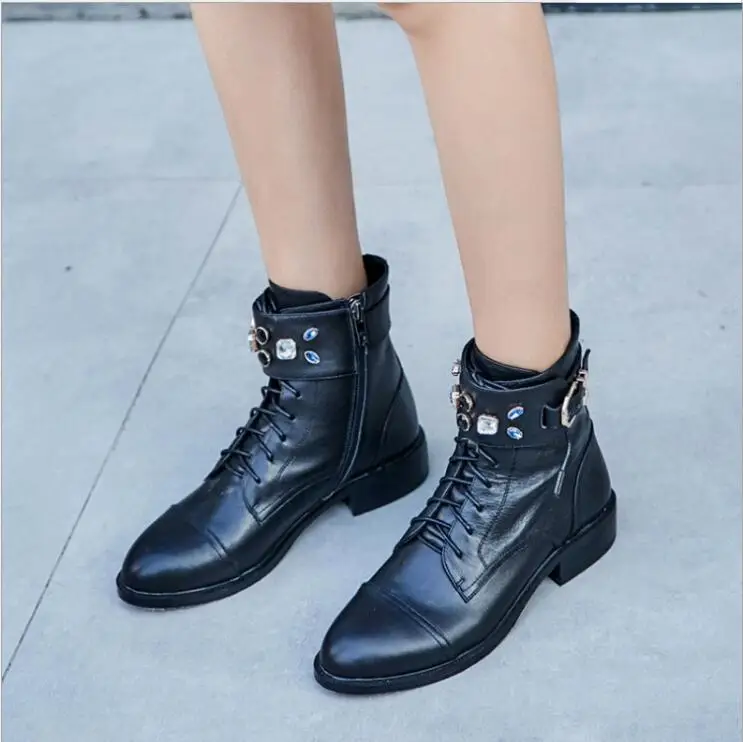 

motorcyle boots ankle shoes woman lace up strap cow boy boots for ladies genuine leather zipper open crystal 2018 low heels