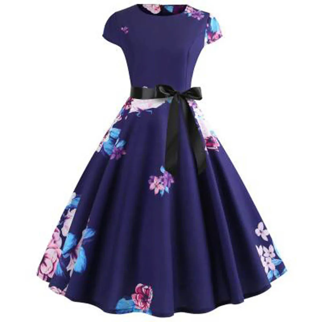 

Hawcoar summer Women Fashion dress Short-sleeved belt fashion round neck print dress платье летнее free delivery D4