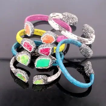

5Pcs Mixed Color Snakeskin Leather Pave Rhinestone Stone Charm Jewelry Cuff Bangles