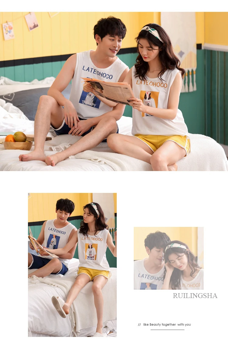 Women and men couple pajamas summer new vest cotton cartoon thin ladies sleeveless shorts casual pajama sets pajamas pajama set