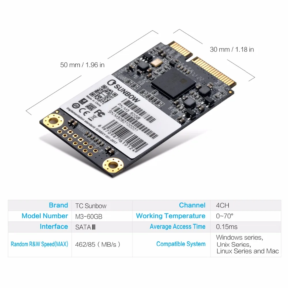 TC-SUNBOW M3-60GB SSD мини SATA3 (6,0 ГБ/сек.) MSATA 60 ГБ 64 ГБ твердотельный накопитель для настольных портативных ПК MacPro Бесплатный подарок учитывая