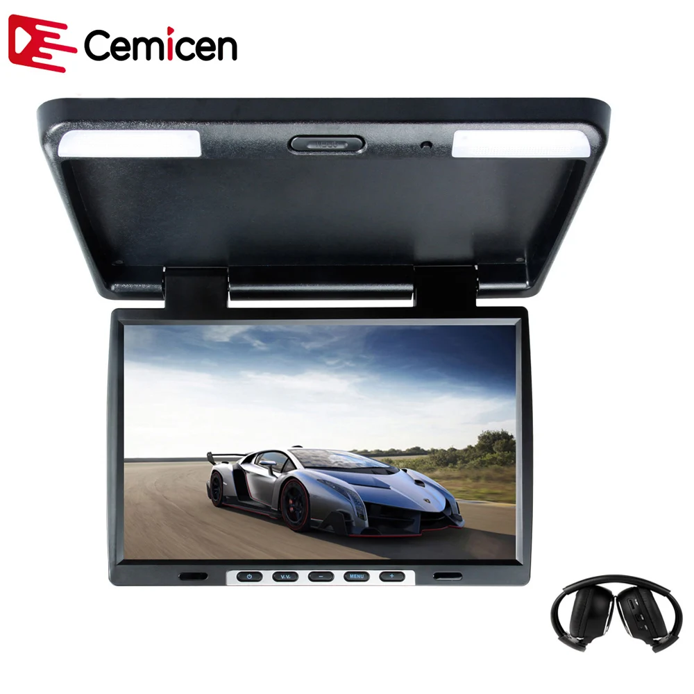 

Cemicen 15.4 Inch Car Flip Down 1024*760 TFT LCD Roof Monitor MP5 HD Player IR Transmitter Adjustable View Screen Dome LED Light