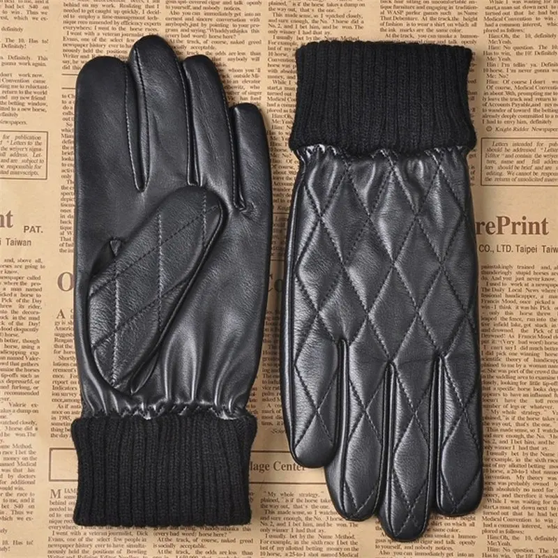 Мужские перчатки из натуральной кожи, модные мужские перчатки из овчины, осенне-зимние теплые бархатные перчатки для вождения, M032NC-5 - Цвет: Black