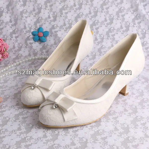 Low Heel Bow Shoes Ivory Color Lace High Quality Party Evening Wedding Pumps Woman Dress Shoe