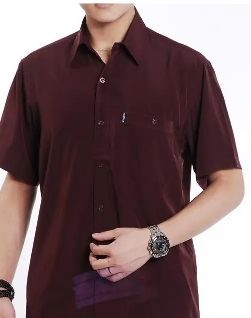 Летняя Повседневная рубашка с коротким рукавом, рубашка пятидесяти лет, Тонкая шелковая рубашка для мужчин, облегающие рубашки M, L, XL, XXL, XXXL, XXXXL 15 - Цвет: wine red
