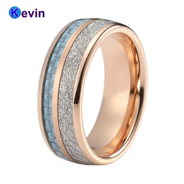 Rose Gold Wedding Band Tungsten Rings For Men And Women With Rose Gold Wedding Band Tungsten Rings For Men And Women With Light Blue Carbon Fiber