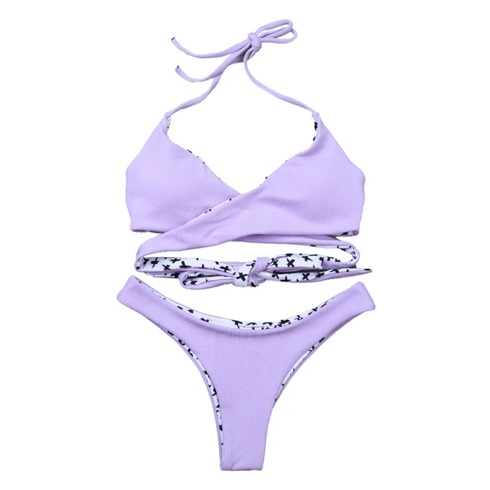 

Sexy Low Waist Women Bra Set 2018 Solid Cross Bandage Halter Swimsuit New Swimwear Women Bikini Sets Push Up Underwear Suit