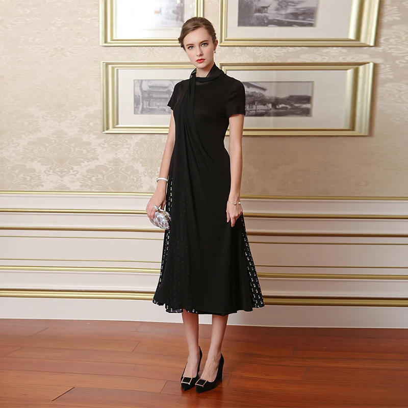 VOA тяжелое шелковое трикотажное платье размера плюс, однотонное черное Короткое женское длинное платье в горошек с коротким рукавом и высоким воротом, повседневное тонкое платье, весна A7651