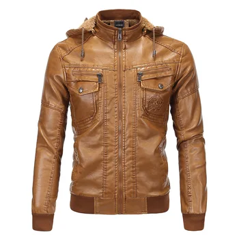 

Hyweacvar Motorcycle Biker Classic Vintage Leather Jacket Jaqueta Couro Detachable Hooded Bomber Jacket Faux Leather Male Coats