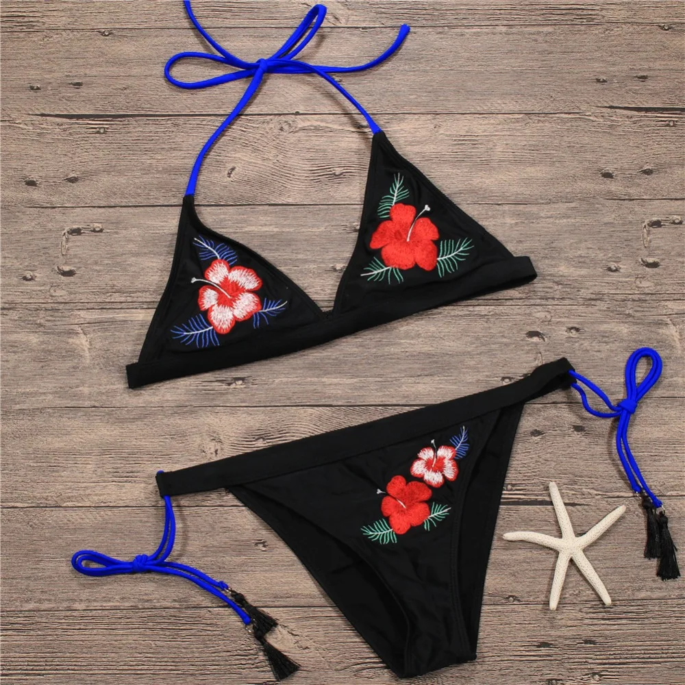 Embroid Bikini Sets Women' Bikini Floral Swimsuit Halter Push Up