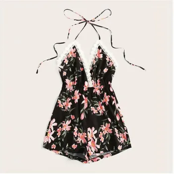 

feitong Women Beach Rompers Female 2019 Summer Lace Up Print Floral Casual Short Jumpsuit Sleeveless Sexy Party Playsuit 6#3.5