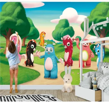 

Custom 3d wallpaper green forest 3D cartoon animal background wall children's room decoration painting silk waterproof material