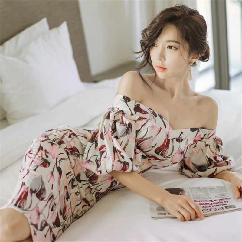 

Elegant Slash-neck Floral Print Women Dress Puff-sleeve Bodycon Midi Female Dress 2019 Sexy Slim Waist Vestidos femme