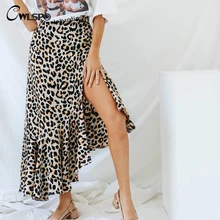 CWLSP асимметрия леопардовым принтом Миди-юбки Высокая Талия Русалка Для женщин линии юбки сбоку Разделение рюшами saia faldas mujer moda QL4219