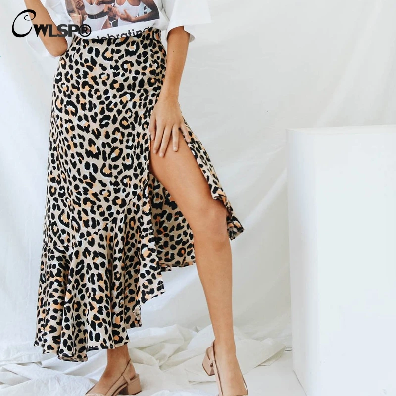 

CWLSP Asymmetry Leopard Print Midi Skirts High Waist Mermaid Women A Line Skirts Side Split Ruffle saia faldas mujer moda QL4219