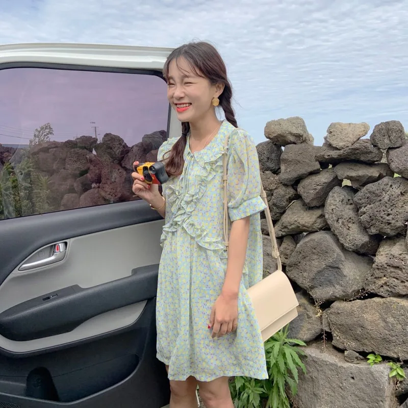

Summer Vestido Verano 2019 Short Sleeve Ruffle Trim Thin Drawstring Loose Korean Vintage Casual Beach Mini Pleated Dress Elegant