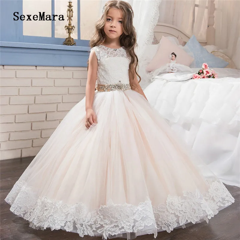 

Beautiful Lace Appliques Flower Girl Dress Champagne Kids Tulle Children Communion Dress Pageant Ball Gown for Prom Party