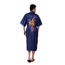 Китайская Nale винтажная Домашняя одежда ручная работа вышивка ночная рубашка с драконом лето темно-синий мужской Шелковый Атласный банный халат-кимоно платье